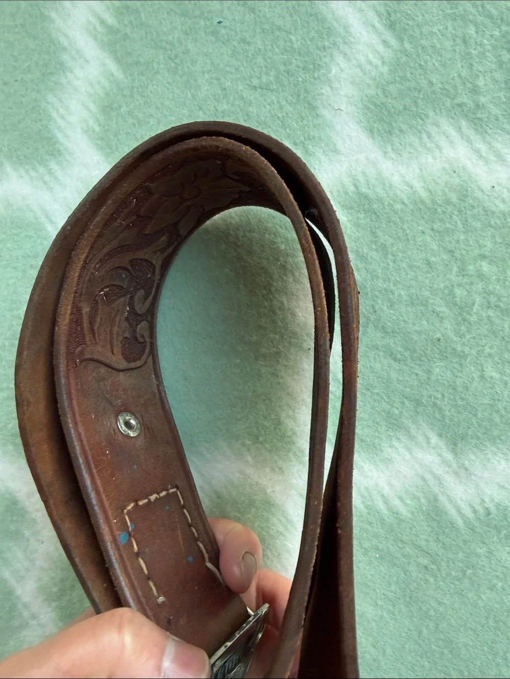 Vintage Tooled Leather Silver Tone Buckle Brown Men’s Belt about 39” long